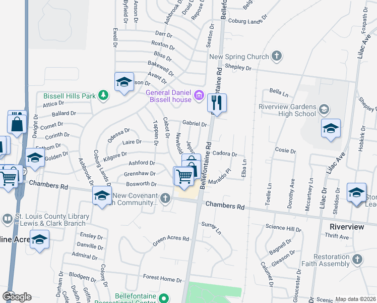 map of restaurants, bars, coffee shops, grocery stores, and more near 10116 Newbold Drive in St. Louis