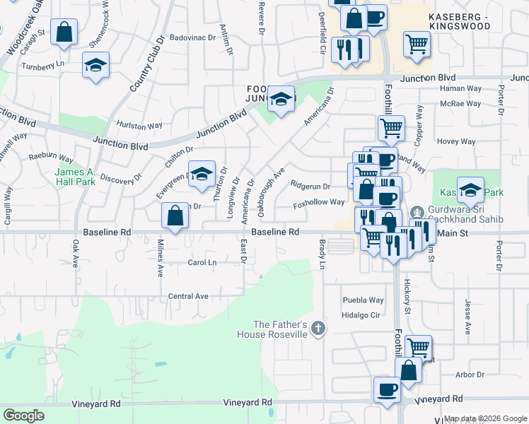 map of restaurants, bars, coffee shops, grocery stores, and more near 556 Oakborough Avenue in Roseville