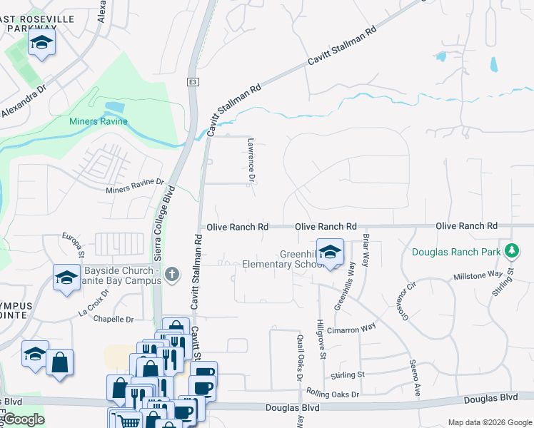 map of restaurants, bars, coffee shops, grocery stores, and more near 4477 Olive Ranch Road in Granite Bay