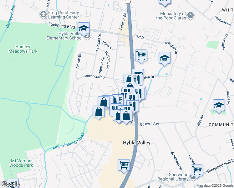 map of restaurants, bars, coffee shops, grocery stores, and more near 7524 Snowpea Court in Alexandria