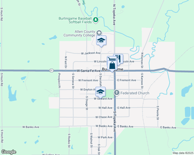 map of restaurants, bars, coffee shops, grocery stores, and more near 117 South Dacotah Street in Burlingame