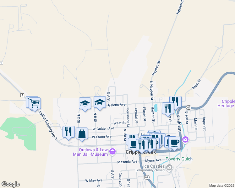 map of restaurants, bars, coffee shops, grocery stores, and more near 107 Hettig Avenue in Cripple Creek