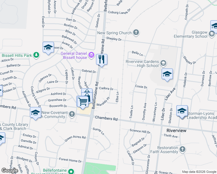 map of restaurants, bars, coffee shops, grocery stores, and more near 10108 Tramonte Court in St. Louis
