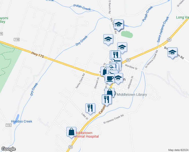 map of restaurants, bars, coffee shops, grocery stores, and more near 21271 Highway 175 in Middletown