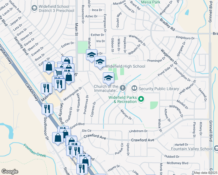 map of restaurants, bars, coffee shops, grocery stores, and more near 509 Widefield Drive in Colorado Springs
