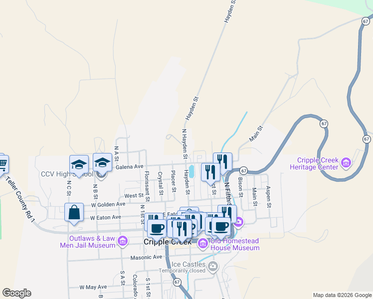map of restaurants, bars, coffee shops, grocery stores, and more near 321 Hayden Street in Cripple Creek