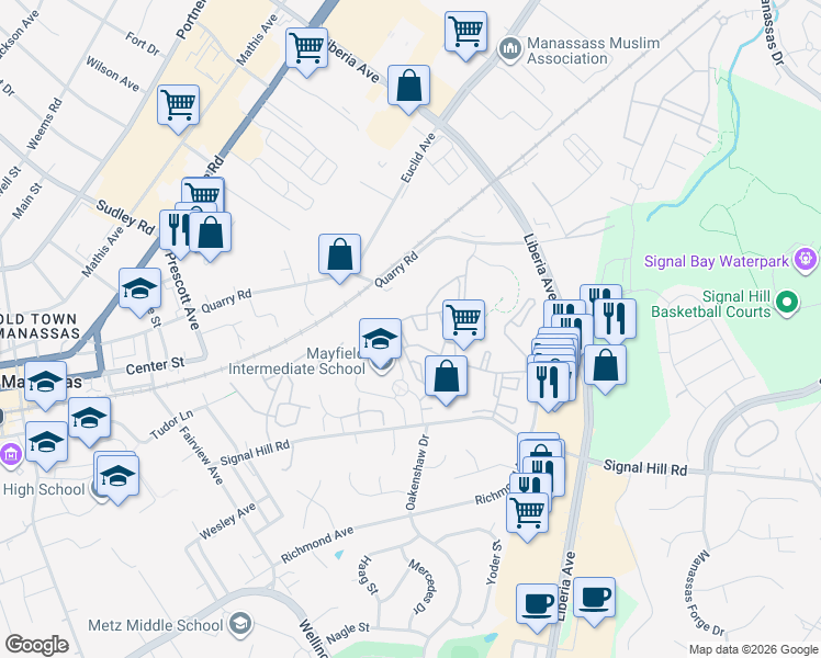 map of restaurants, bars, coffee shops, grocery stores, and more near 9557 Coggs Bill Drive in Manassas