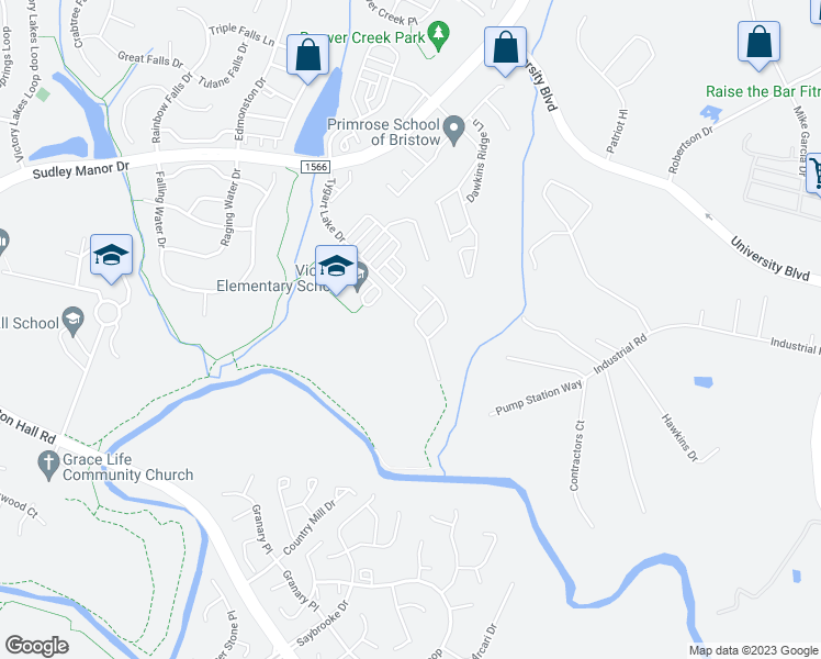 map of restaurants, bars, coffee shops, grocery stores, and more near 9301 Angel Falls Street in Bristow