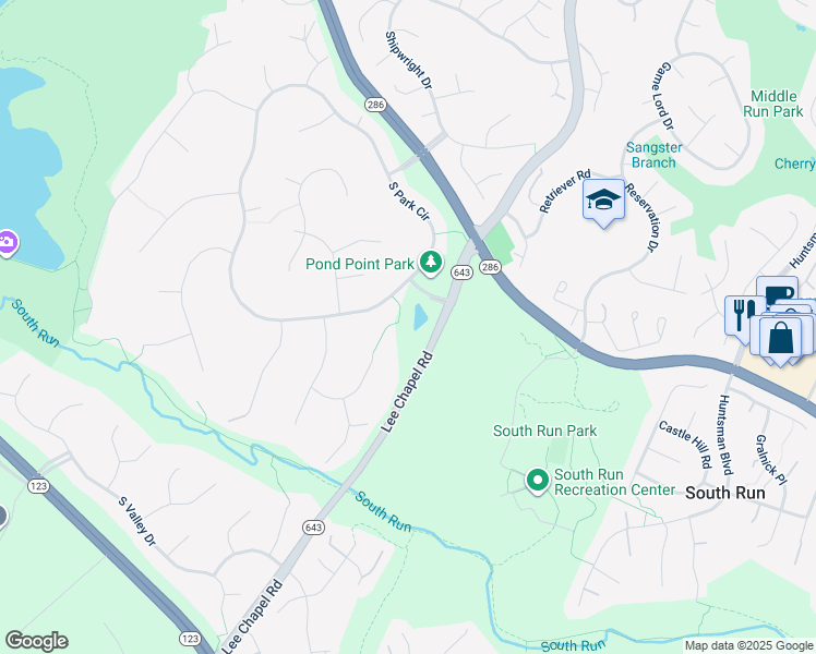 map of restaurants, bars, coffee shops, grocery stores, and more near 9908 South Park Circle in Fairfax Station