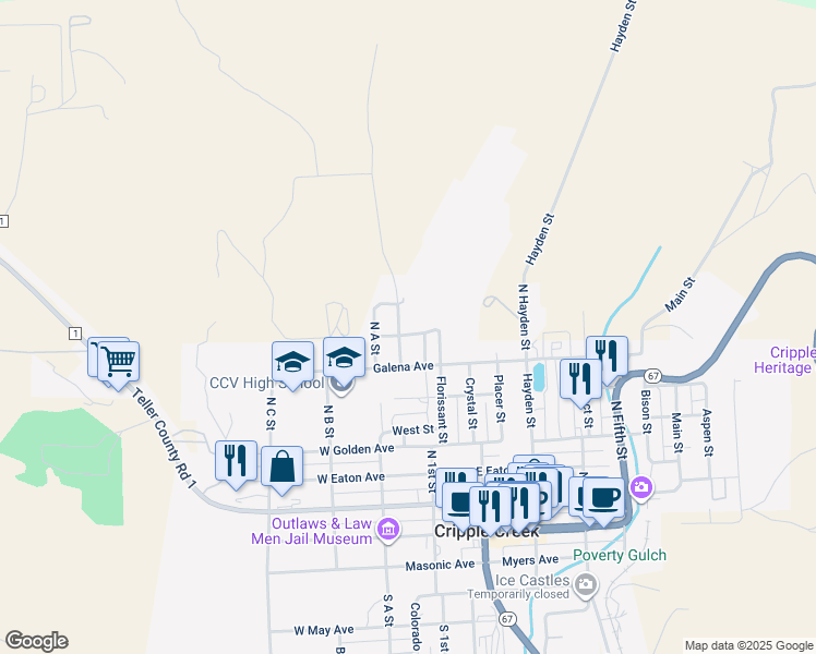 map of restaurants, bars, coffee shops, grocery stores, and more near 107 Hettig Avenue in Cripple Creek