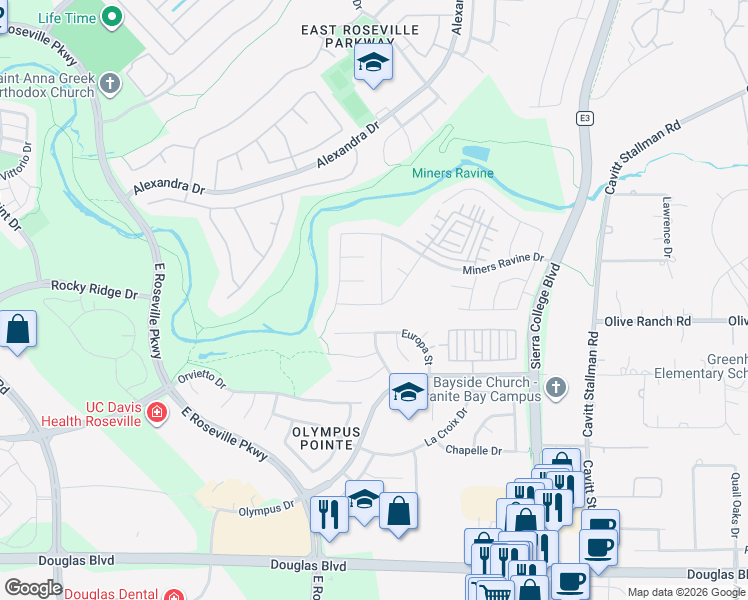 map of restaurants, bars, coffee shops, grocery stores, and more near 3718 Copperleaf Street in Roseville