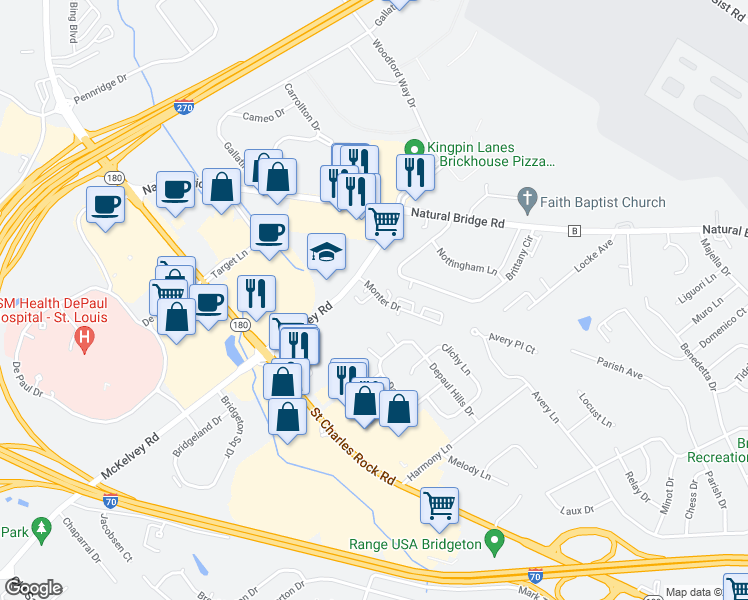 map of restaurants, bars, coffee shops, grocery stores, and more near 12082 Monter Drive in Bridgeton