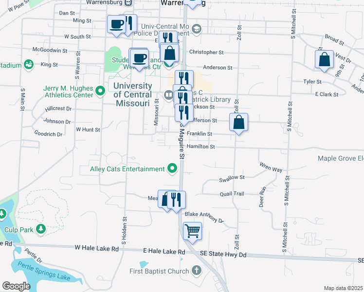 map of restaurants, bars, coffee shops, grocery stores, and more near 300 Hamilton Street in Warrensburg