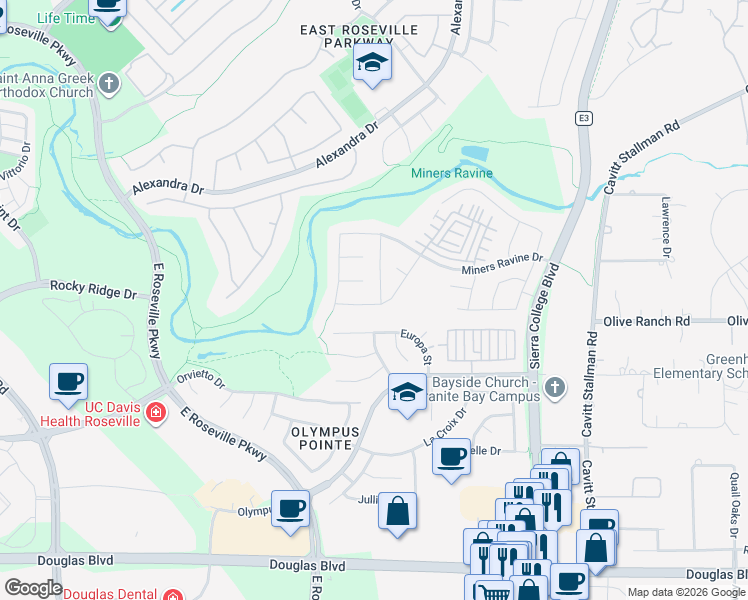 map of restaurants, bars, coffee shops, grocery stores, and more near 3718 Copperleaf Street in Roseville