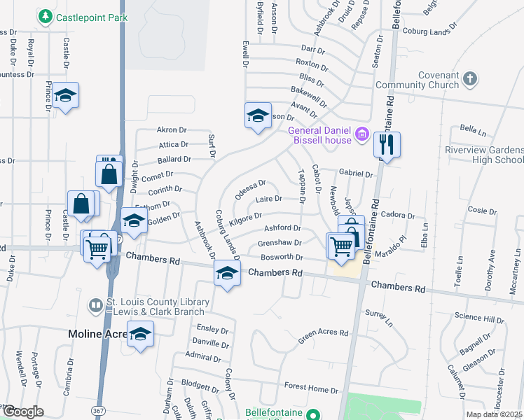 map of restaurants, bars, coffee shops, grocery stores, and more near 1209 Kilgore Drive in St. Louis