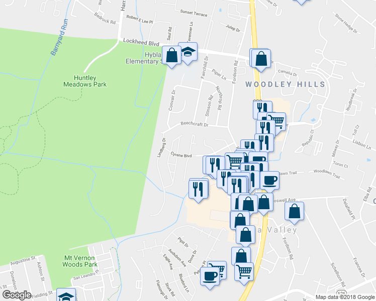 map of restaurants, bars, coffee shops, grocery stores, and more near 7582 Great Swan Court in Alexandria