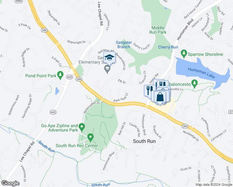 map of restaurants, bars, coffee shops, grocery stores, and more near 7424 Willshire Hunt Court in Springfield