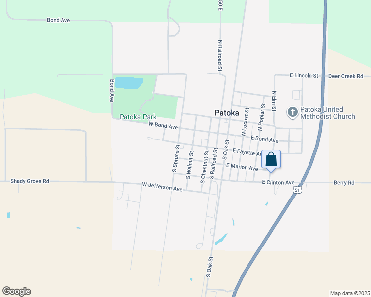 map of restaurants, bars, coffee shops, grocery stores, and more near 201-299 South Walnut Street in Patoka