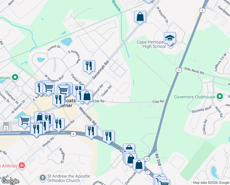 map of restaurants, bars, coffee shops, grocery stores, and more near 17146 Holly Road in Lewes