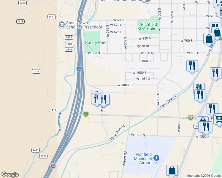 map of restaurants, bars, coffee shops, grocery stores, and more near 911 West 1080 South in Richfield