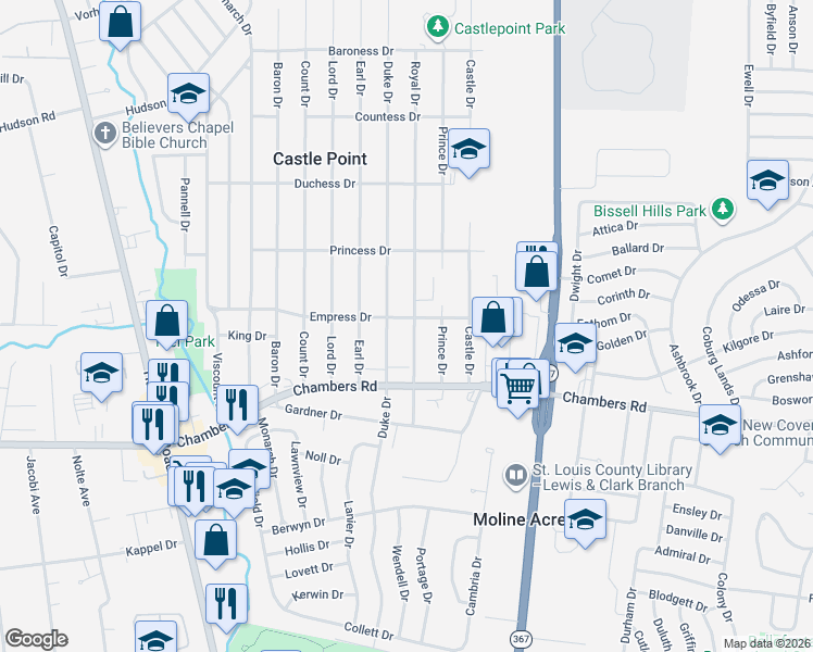 map of restaurants, bars, coffee shops, grocery stores, and more near 10073 Royal Drive in St. Louis