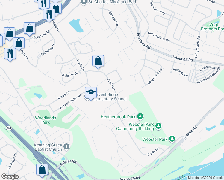 map of restaurants, bars, coffee shops, grocery stores, and more near 124 Shady Lane in Saint Charles