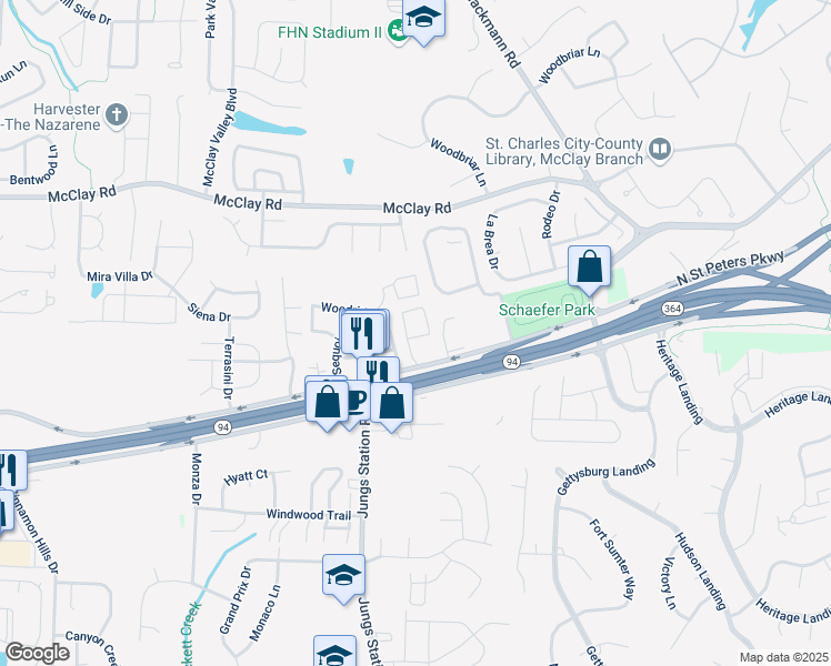 map of restaurants, bars, coffee shops, grocery stores, and more near 1200 Belfast Drive in St. Peters