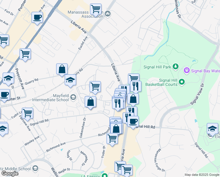 map of restaurants, bars, coffee shops, grocery stores, and more near Tapok Drive in Manassas