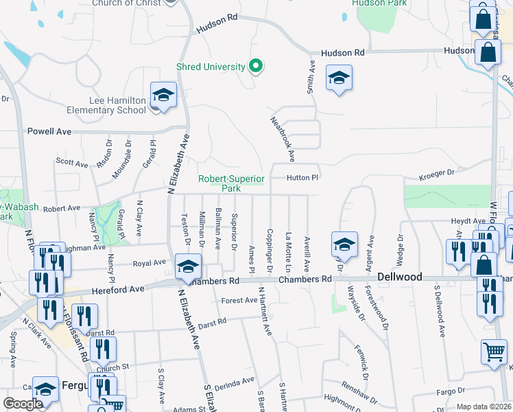 map of restaurants, bars, coffee shops, grocery stores, and more near 519 Coppinger Drive in Ferguson