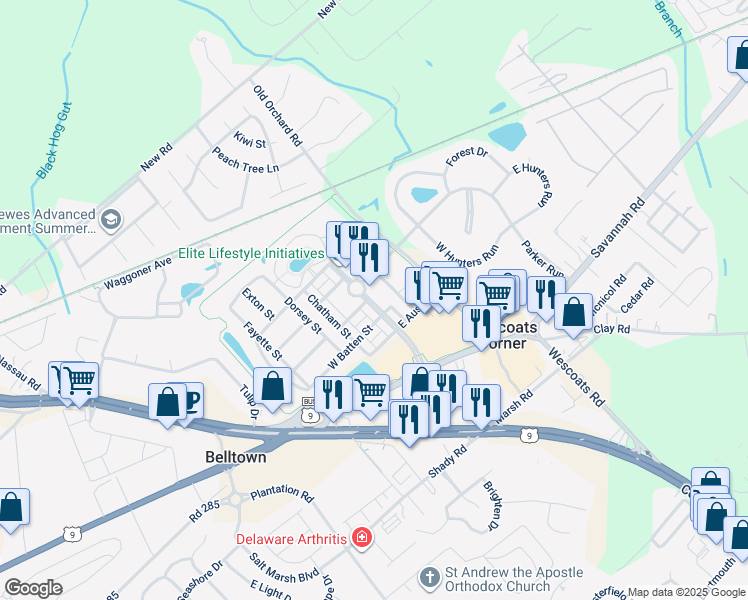 map of restaurants, bars, coffee shops, grocery stores, and more near 17300 North Village Main Boulevard in Lewes