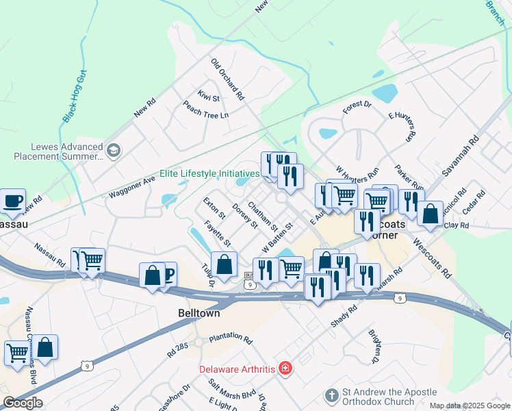 map of restaurants, bars, coffee shops, grocery stores, and more near 17268 Chatham Street in Lewes