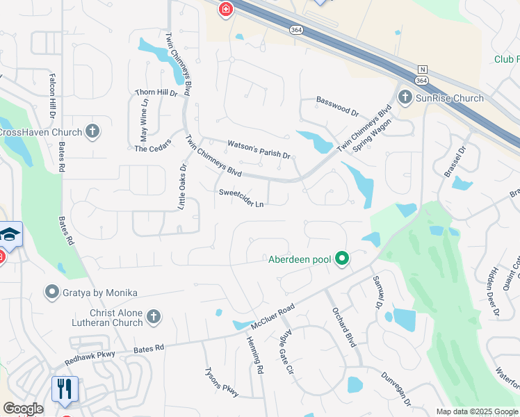map of restaurants, bars, coffee shops, grocery stores, and more near 7244 Sweetcider Lane in O'Fallon