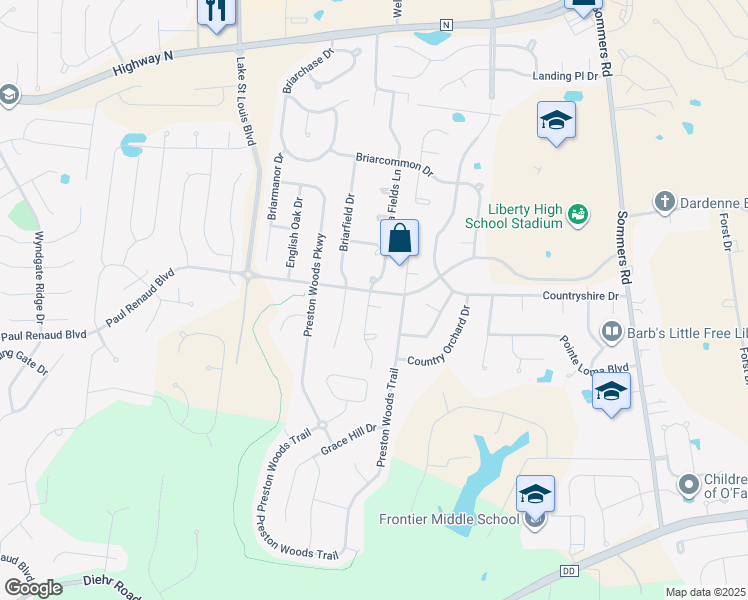 map of restaurants, bars, coffee shops, grocery stores, and more near 61 Country Field Court in Lake Saint Louis