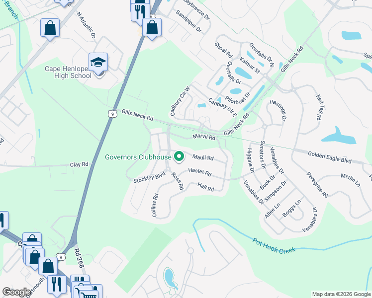 map of restaurants, bars, coffee shops, grocery stores, and more near 11439 Maull Road in Lewes
