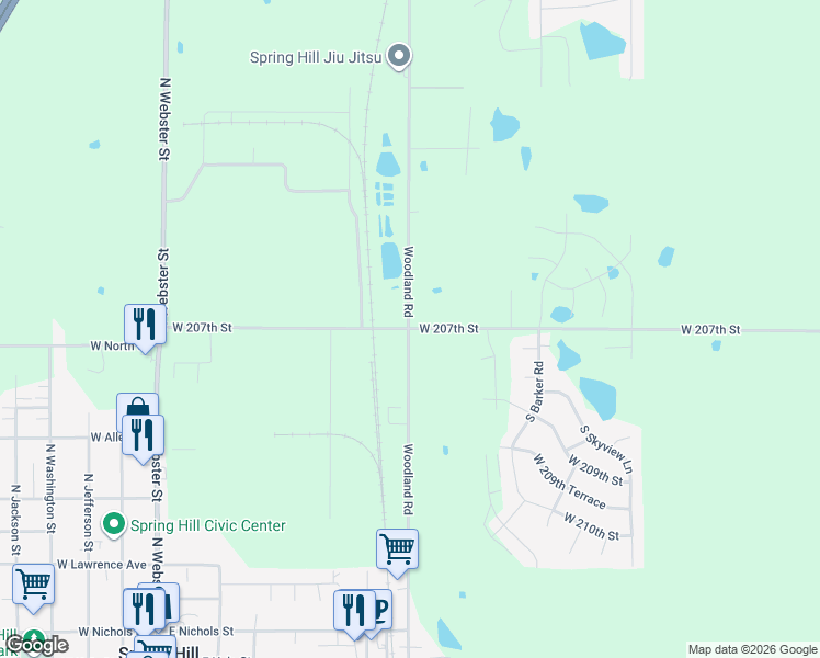 map of restaurants, bars, coffee shops, grocery stores, and more near 19899 West 207th Street in Spring Hill