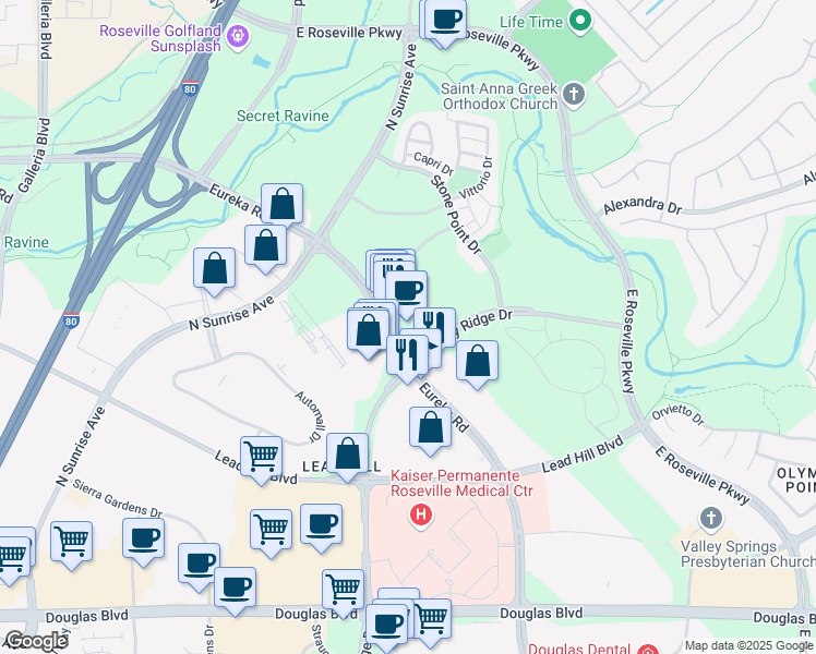 map of restaurants, bars, coffee shops, grocery stores, and more near 1485 Eureka Road in Roseville
