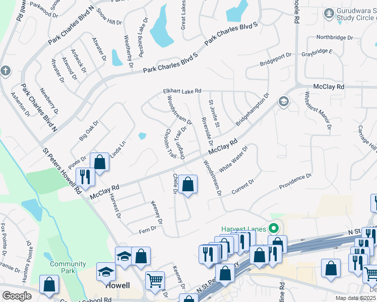 map of restaurants, bars, coffee shops, grocery stores, and more near 601 Oregon Trail Drive in Saint Charles