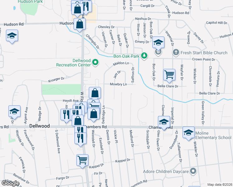 map of restaurants, bars, coffee shops, grocery stores, and more near 10127 Chambers Hill Drive in St. Louis