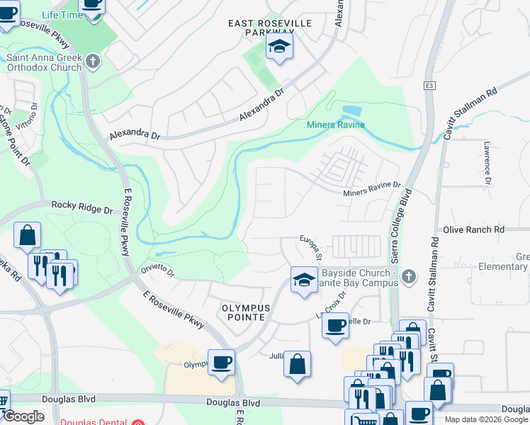 map of restaurants, bars, coffee shops, grocery stores, and more near 3662 Copperleaf Street in Roseville