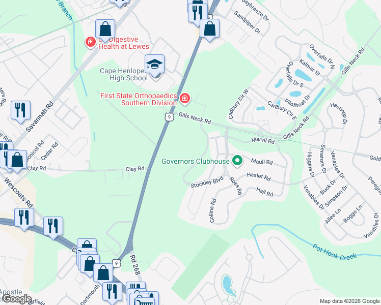 map of restaurants, bars, coffee shops, grocery stores, and more near 16673 Kings Highway in Lewes