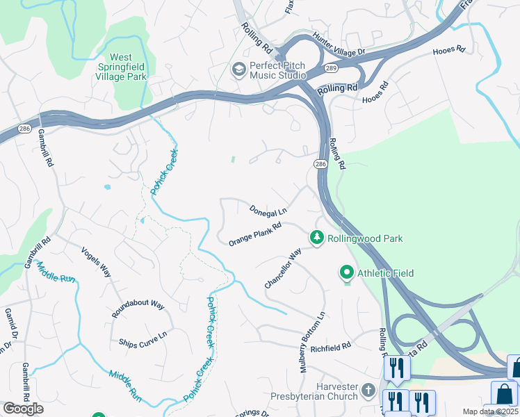 map of restaurants, bars, coffee shops, grocery stores, and more near 7934 Donegal Lane in Springfield