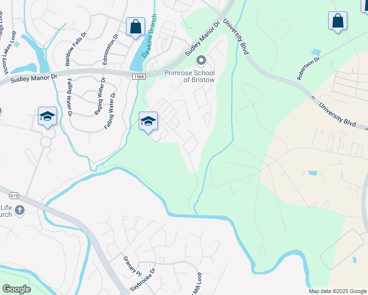 map of restaurants, bars, coffee shops, grocery stores, and more near 9277 Angel Falls Street in Bristow