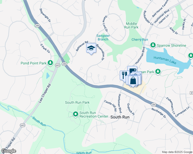 map of restaurants, bars, coffee shops, grocery stores, and more near 7422 Willshire Hunt Court in Springfield