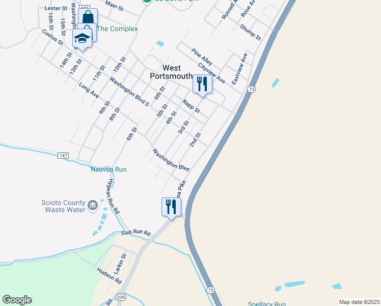 map of restaurants, bars, coffee shops, grocery stores, and more near 1318 2nd Street in West Portsmouth