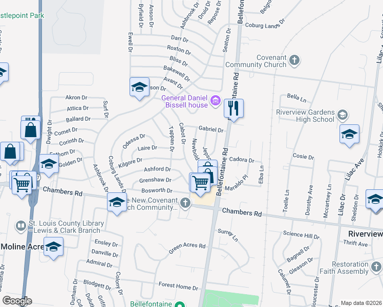 map of restaurants, bars, coffee shops, grocery stores, and more near 10132 Cabot Drive in St. Louis