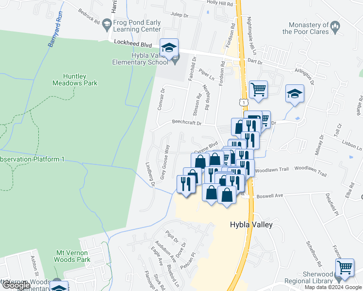 map of restaurants, bars, coffee shops, grocery stores, and more near 7579 Great Swan Court in Alexandria