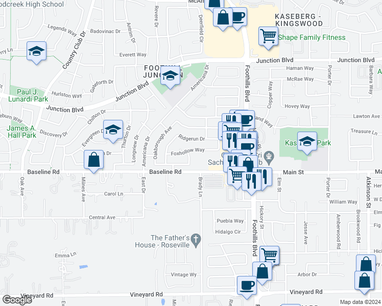 map of restaurants, bars, coffee shops, grocery stores, and more near 1318 Foxhollow Way in Roseville