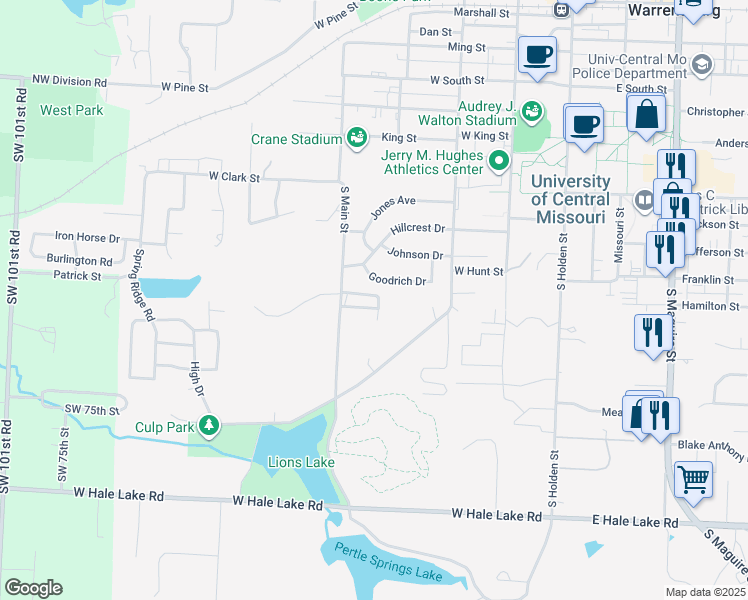 map of restaurants, bars, coffee shops, grocery stores, and more near 415 Windy Way in Warrensburg