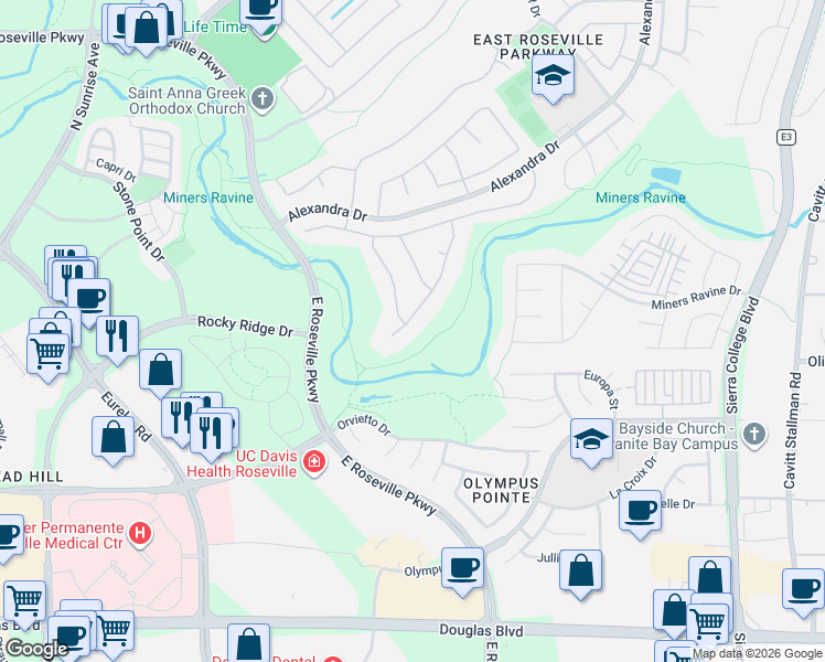map of restaurants, bars, coffee shops, grocery stores, and more near 216 Vista Ridge Court in Roseville