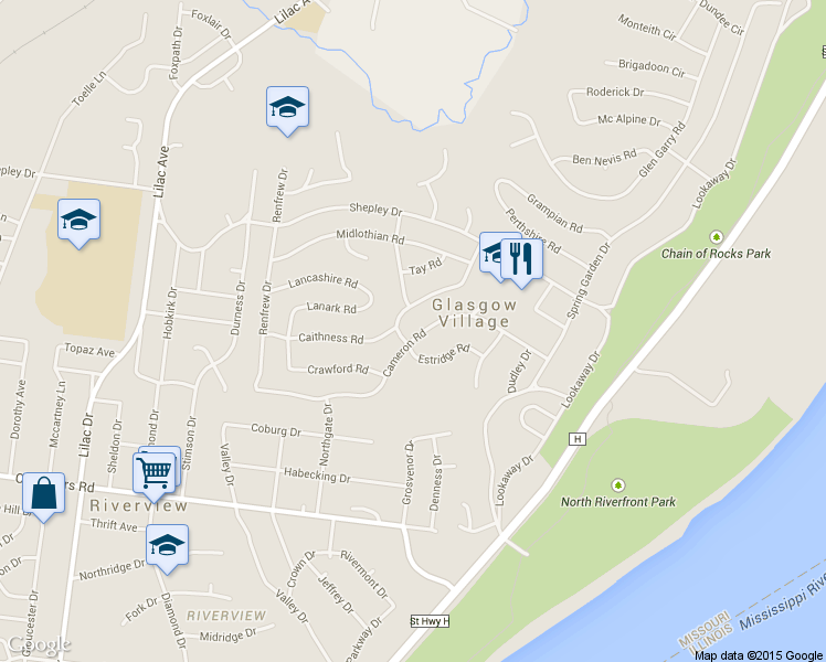 map of restaurants, bars, coffee shops, grocery stores, and more near 257 Cameron Road in St. Louis